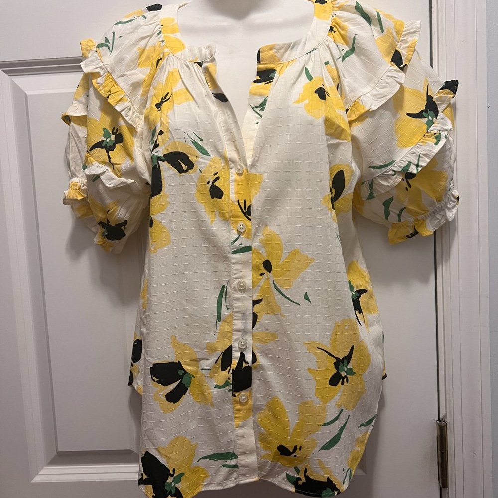 Ann Taylor size XS puff sleeve yellow daisy black eyed susan blouse